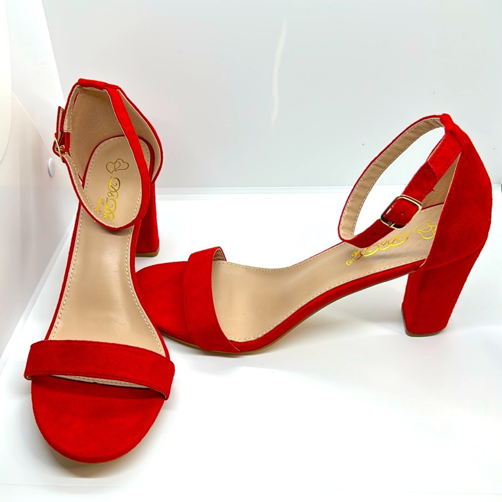 Red. Suede. Block Heel.